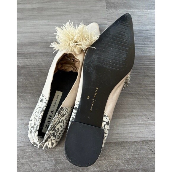 Zara Leather Ballet Flats Size 41 US 10 Fringe Pom Pointed Toe Shoes - Picture 8 of 8